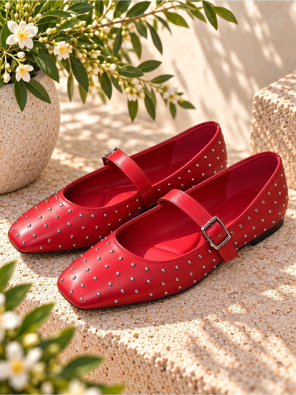 New York & Company Lavonna Red Studded Mary Jane Flats Women’s Size 8 Balletcore